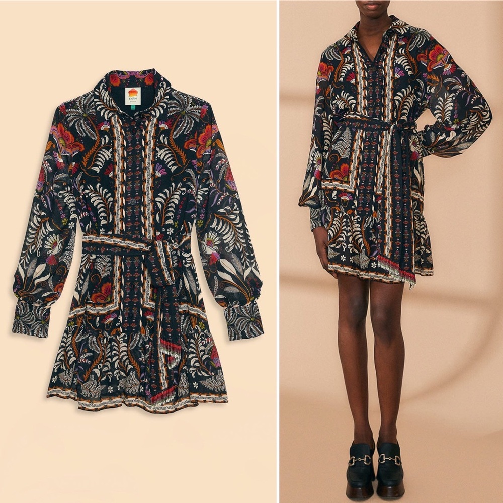 FARM RIO Black Classic Garden Long Sleeve
Mini Dress Collar Button Front Sm NEW